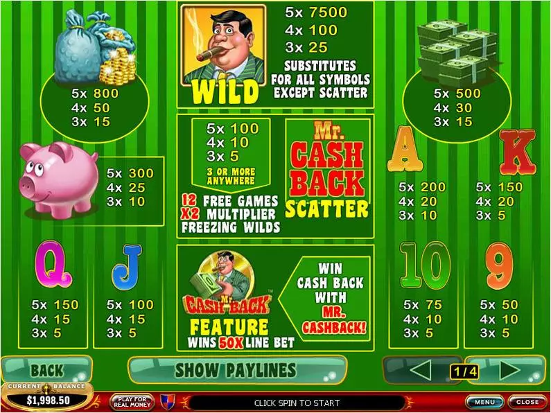 Info and Rules - Mr. Cashback PlayTech Video 