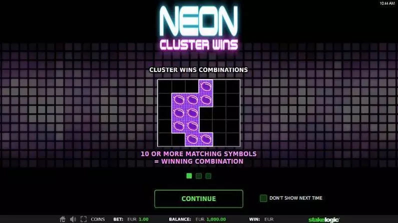 Info and Rules - Neon Cluster Wins StakeLogic Cluster Pays 