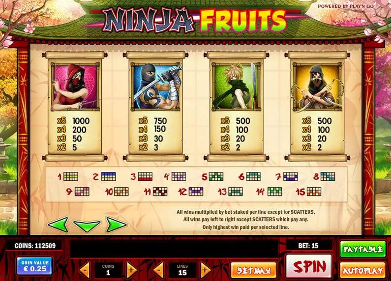 Info and Rules - Ninja Fruits Play'n GO Video 