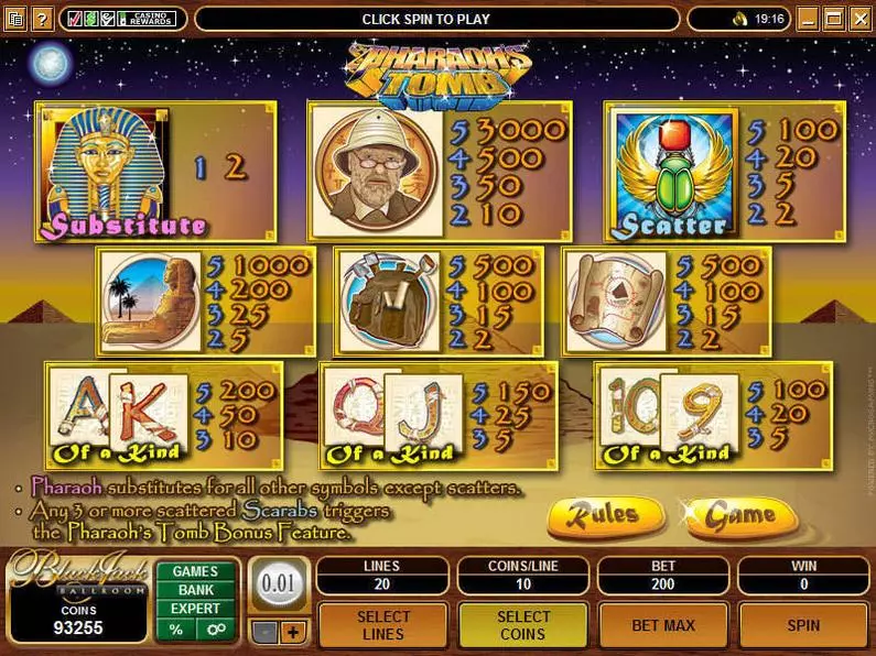 Info and Rules - Pharaoh's Tomb Microgaming Coin Based 