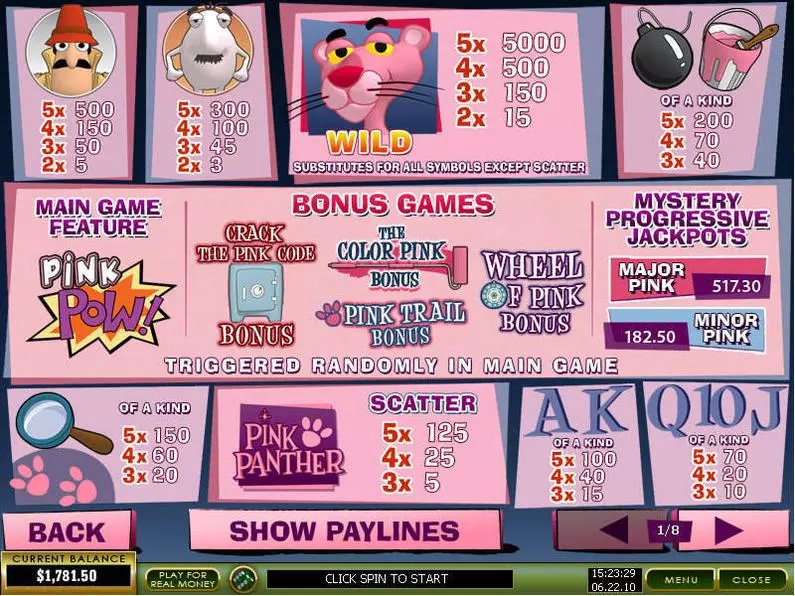 Info and Rules - Pink Panther PlayTech Video 