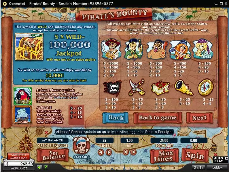 Info and Rules - Pirate's Bounty 888 Video 