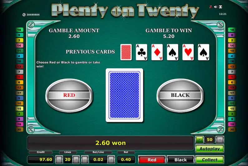 Gamble Screen - Plenty on Twenty Novomatic Video 