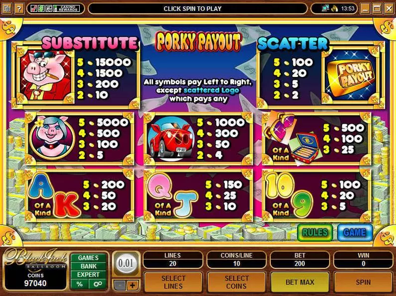 Info and Rules - Porky Payout Microgaming Coin Based 