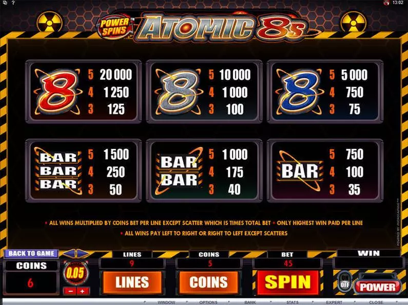 Info and Rules - Power Spins - Atomic 8's Microgaming Coin Based 