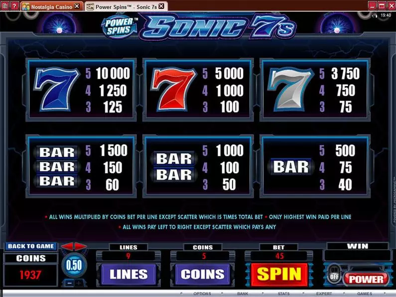 Info and Rules - Power Spins - Sonic 7's Microgaming Coin Based 