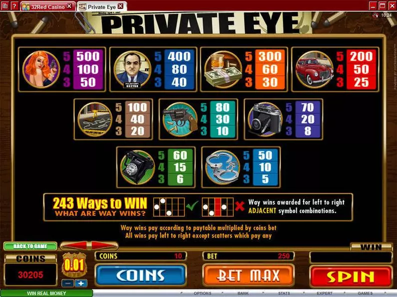 Info and Rules - Private Eye Microgaming Coin Based 