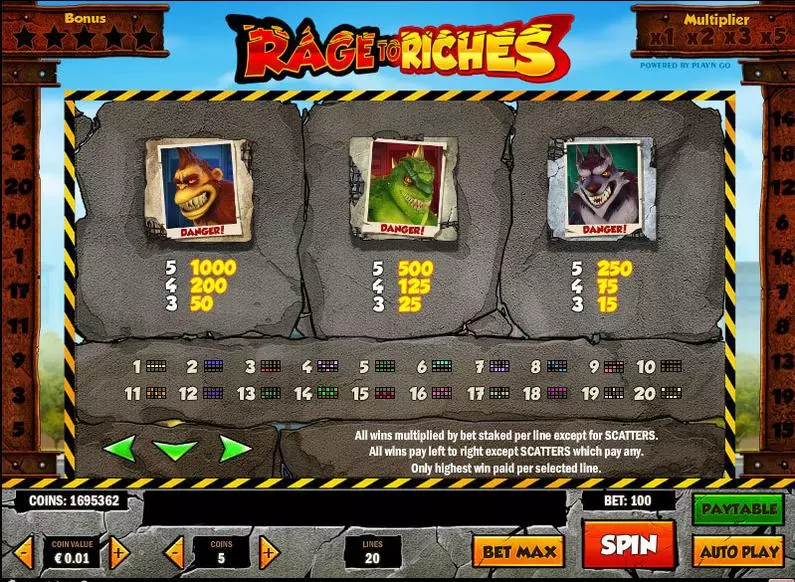Info and Rules - Rage to Riches Play'n GO Video 