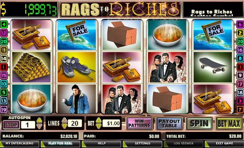 Main Screen Reels - Rags to Riches 20 Lines CryptoLogic Video 