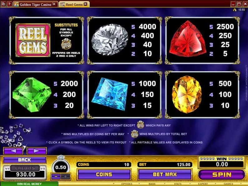 Info and Rules - Reel Gems Microgaming Video 