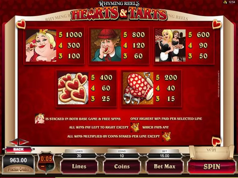 Info and Rules - Rhyming Reels - Hearts and Tarts Microgaming Video 