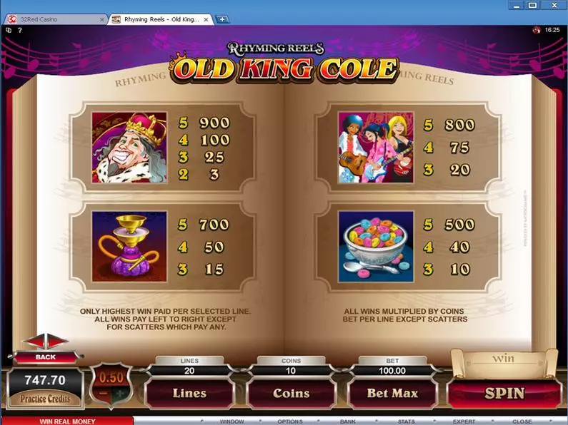 Info and Rules - Rhyming Reels - Old King Cole Microgaming Video 