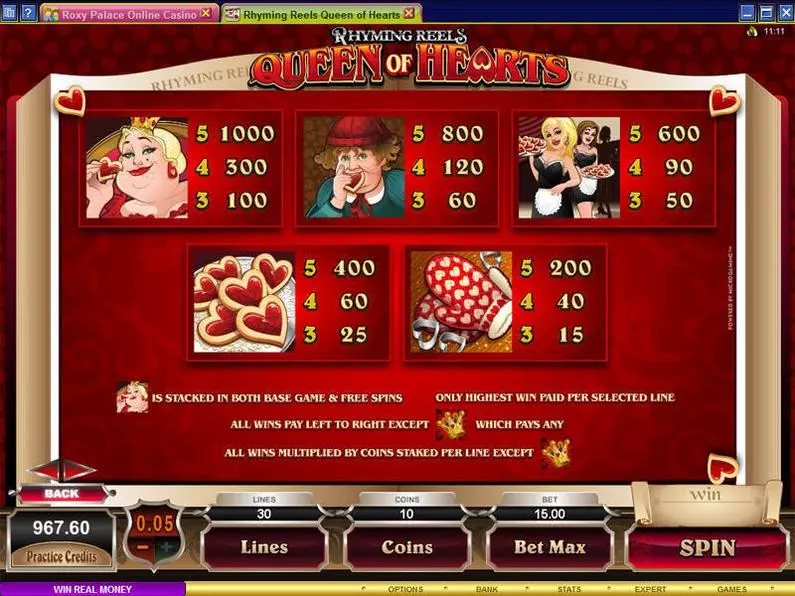 Info and Rules - Rhyming Reels - Queen of Hearts Microgaming Coin Based 