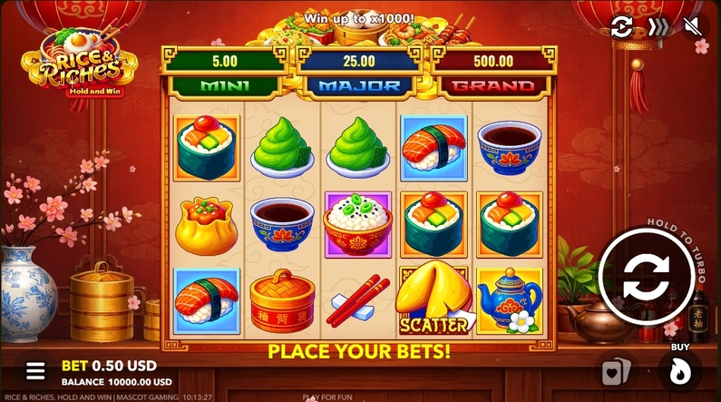 Main Screen Reels - Rice and Riches Mascot Gaming All Pays 