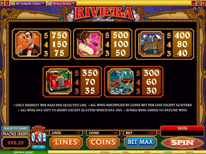 Info and Rules - Riviera Riches Microgaming Coin Based 
