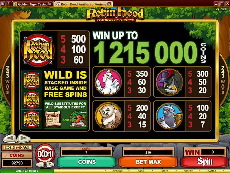 Info and Rules - Robin Hood Feathers of Fortune Microgaming Coin Based 