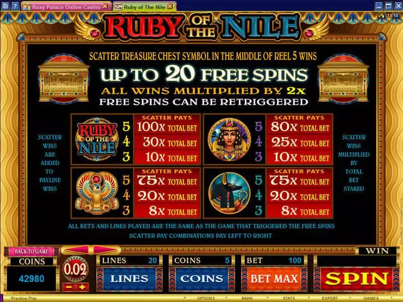 Info and Rules - Ruby of the Nile Microgaming Coin Based 