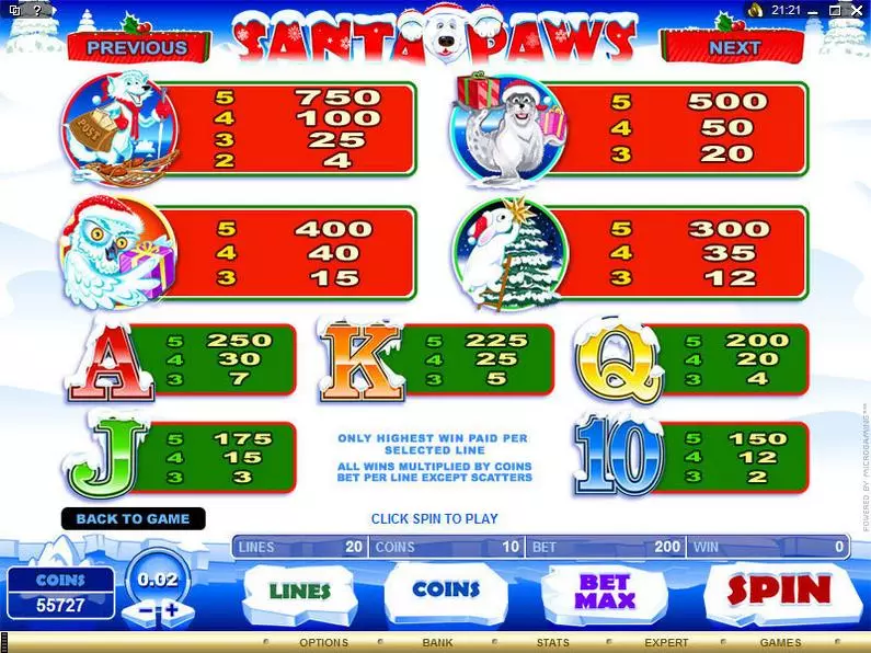 Info and Rules - Santa Paws Microgaming Coin Based 