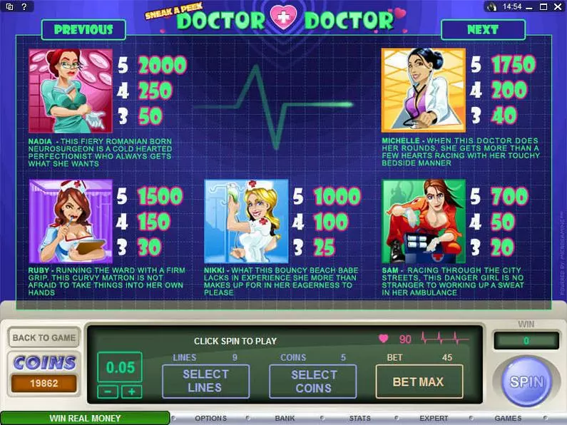 Info and Rules - Sneak a Peek - Doctor Doctor Microgaming Coin Based 