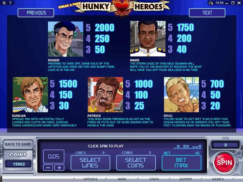 Info and Rules - Sneak a Peek - Hunky Heroes Microgaming Coin Based 