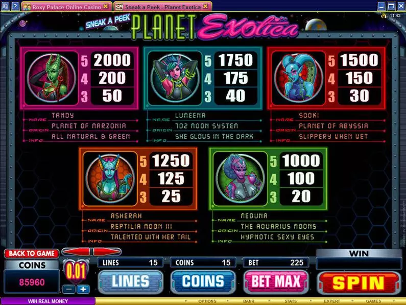 Info and Rules - Sneak a Peek - Planet Exotica Microgaming Coin Based 