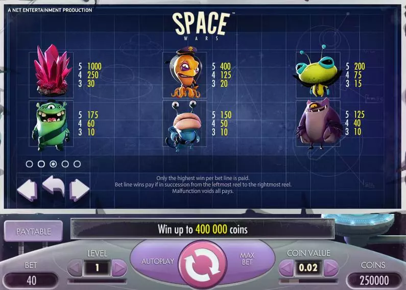 Info and Rules - Space Wars NetEnt Video 