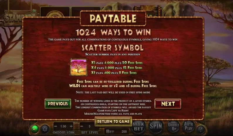 Paytable - Stampede BetSoft 1024 Ways ToGo TM