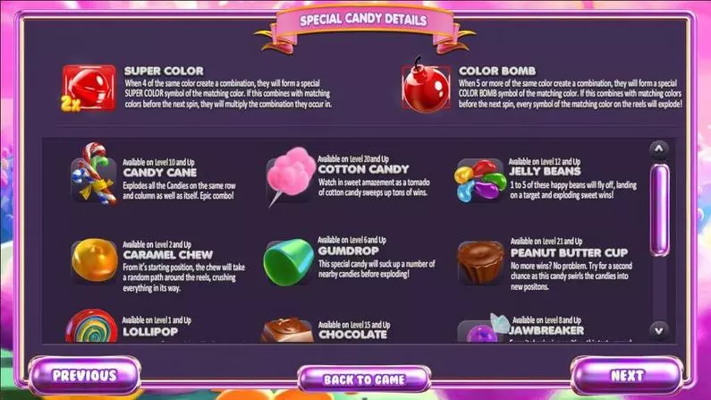 Info and Rules - Sugar Pop BetSoft Cascading Reels ToGo TM