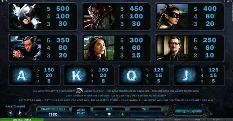 Info and Rules - The Dark Knight Rises Microgaming 243 Ways 