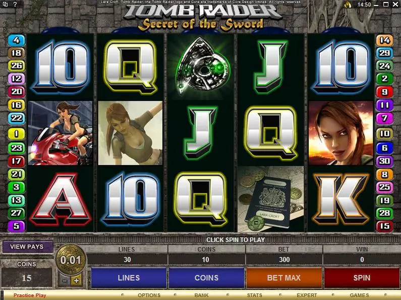 Main Screen Reels - Tomb Raider - Secret of the Sword Microgaming Coin Based 