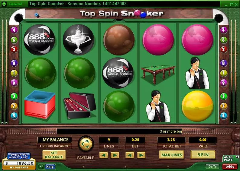 Main Screen Reels - Top Spin Snooker 888 Video 