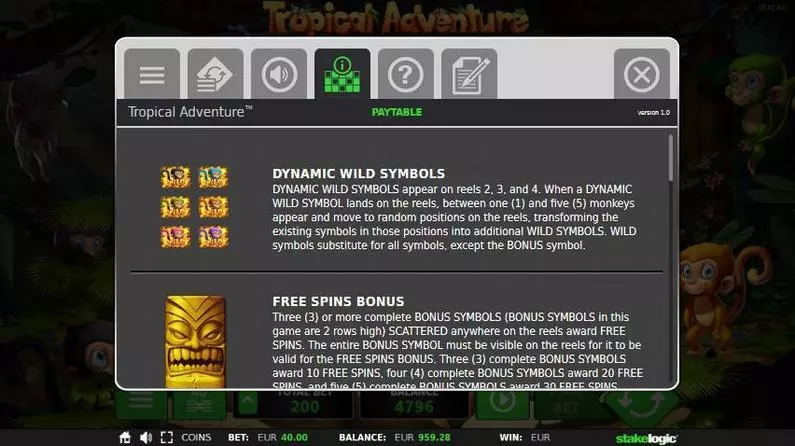 Info and Rules - Tropical Adventure StakeLogic Fixed Lines MOBi