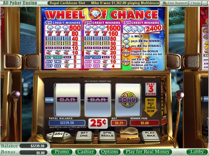 Main Screen Reels - Wheel of Chance 3-Reels WGS Technology Bonus Round 