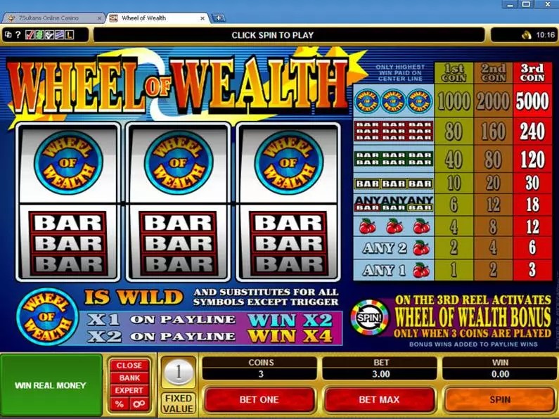 Main Screen Reels - Wheel of Wealth Microgaming Bonus Round 