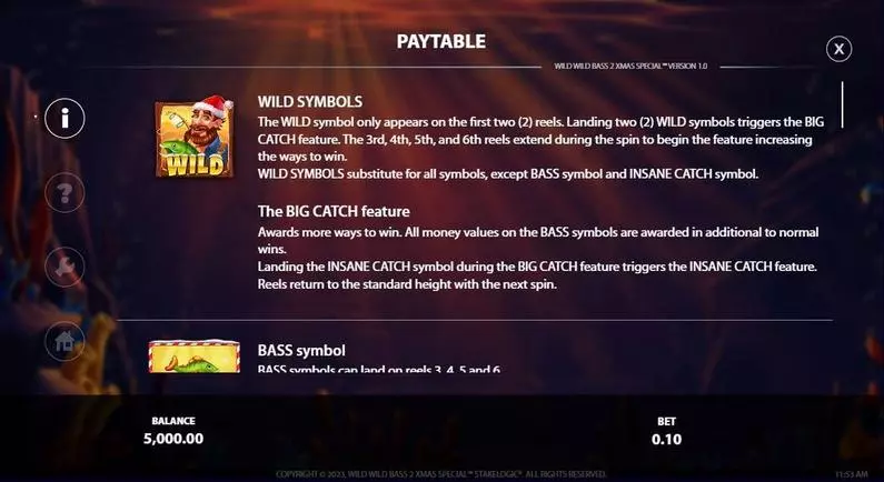 Paytable - Wild Wild Bass 2 Xmas Special StakeLogic Buy Bonus 